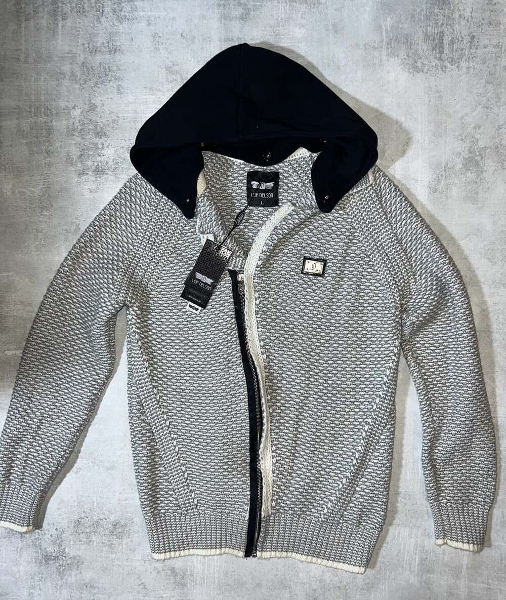 Leif Nelson Men's Knitted Zip Up Hoodie Cardigan Jacket Grey/White Size L